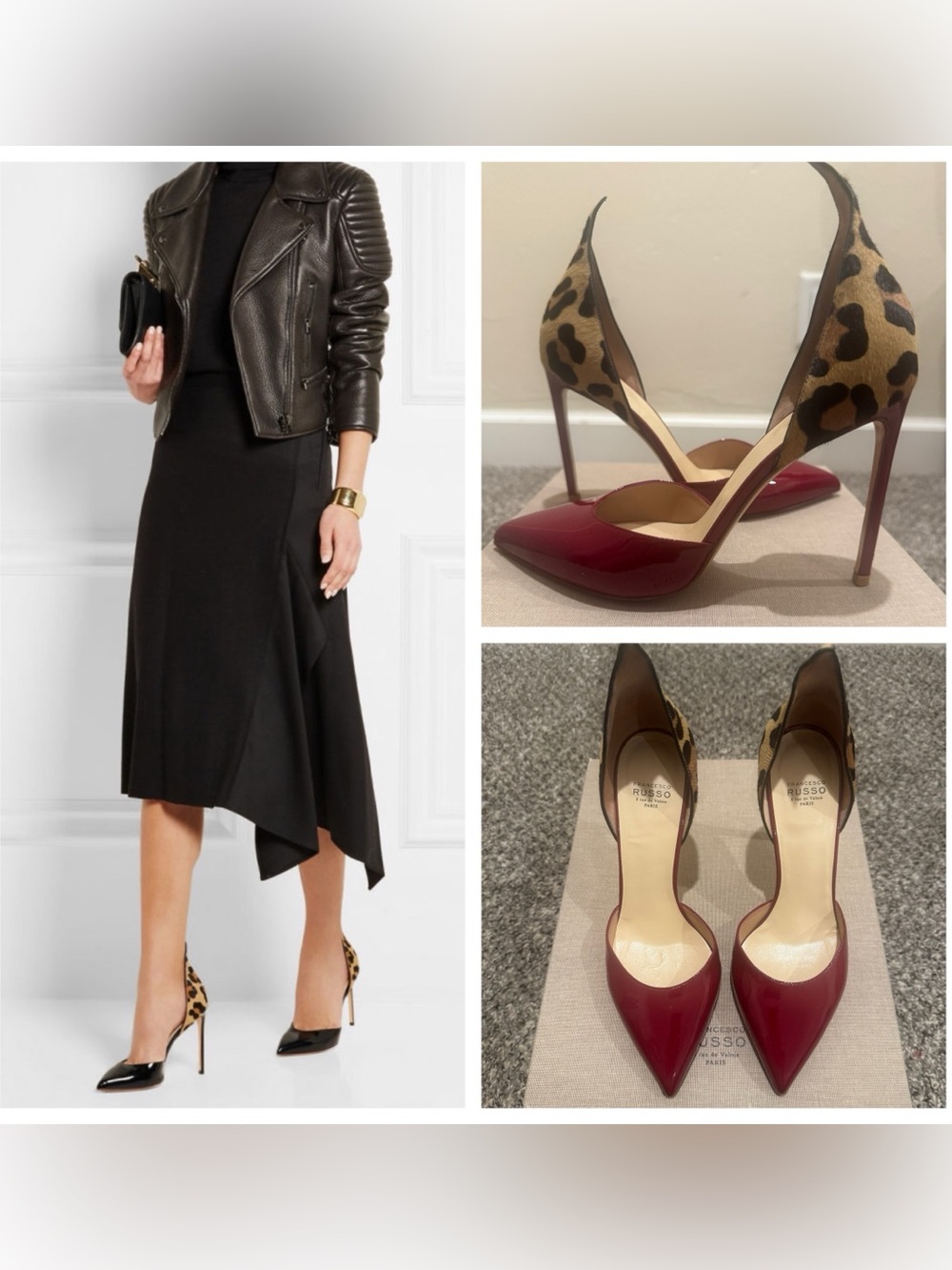 EUC, Francesco Russo Leopard Print Calf Hair & Red Patent Leather D’Orsay Pump